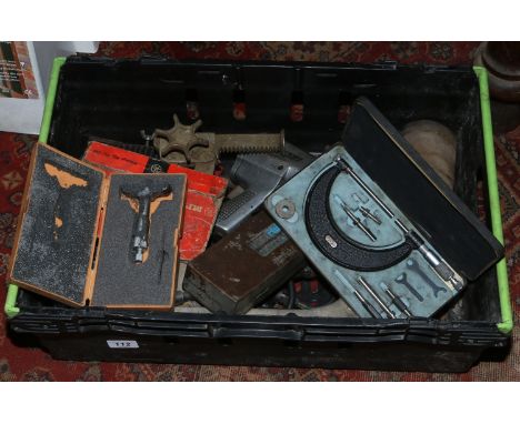 A box of vintage tools to include spring compressers, Moore & Wright Caliper, air tools etc.