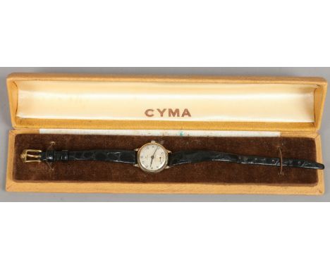 A boxed vintage 9ct gold backed Cyma 'Cyma flex' ladies manual wristwatch with subsidiary seconds.