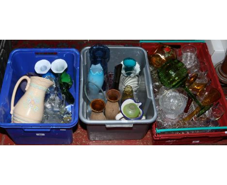 Three boxes of glassware, drinking vessels, ornaments and candlesticks etc.
