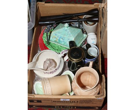 A box of mixed pottery including W. H. Goss crested ware, Royal Cauldron, Carltonware, blue and white etc.