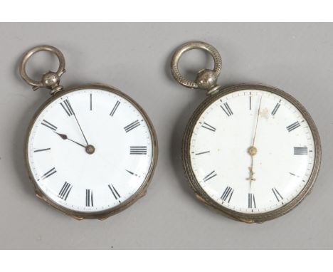 Two antique engraved silver fob watches with enamel dials.
