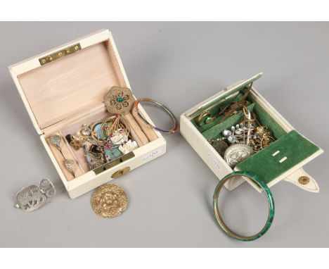 Two small jewellery boxes containing vintage jewellery including malachite bangle, white paste and pinchbeck etc.