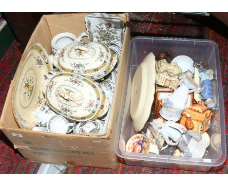 Two boxes of pottery, china and glass including Ridway Windsor pattern tea and dinner service, cottage ware, Aynsley archer g