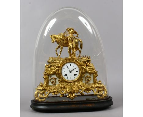A French gilt figural mantel clock Henry Marc Paris under glass dome (AF).