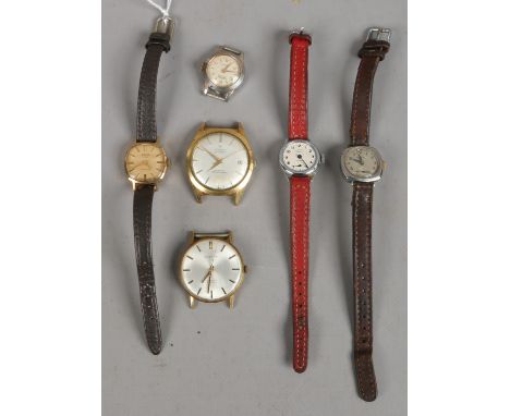 Four ladies vintage manual wristwatches and two gents watch heads including Ingersoll, Oris and Everite.