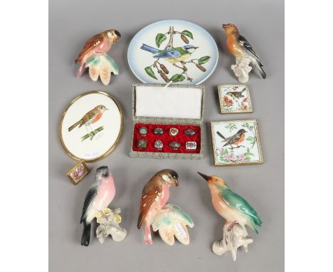 A group of vintage pottery wall mounting models of birds, along with two Goebel plaques, boxed Chinese enamelled trinket boxe