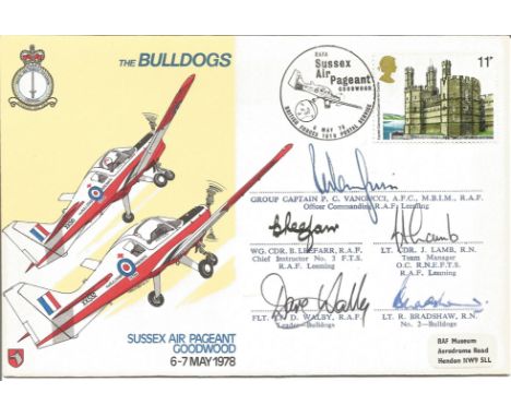 5 signed Sussex Air Pageant Goodwood, The Bulldogs cover. Signatures include Group Captain P C Vangucci, Wg Cdr B Leefarr, Lt