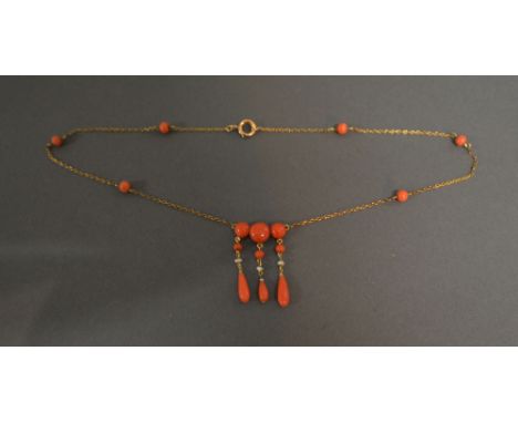 An Early 20th Century Coral and Pearl Necklace with yellow metal chain