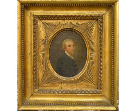 Early 19th Century English School, Half Length Portrait of a Gentleman in Period Dress, oil on board within gilded frame, 12.