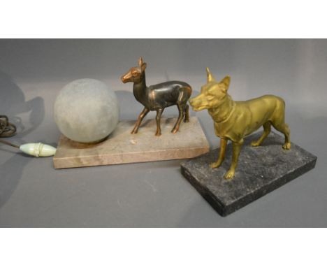 An Art Deco Table Lamp with Globular Opaque Glass Shade together with a Patinated Spelter Model of a Deer and a gilded spelte