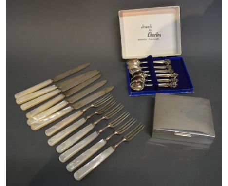 A Set of Six Sterling Silver Teaspoons together with a London silver rectangular cigarette box and a set of six Sheffield sil