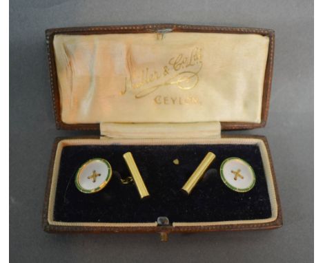 A Pair of 18ct. Gold Mother of Pearl and Enamel Decorated Cufflinks