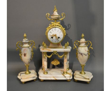 An Early 20th Century French Marble and Ormolu Mounted Three Piece Clock Garniture, the enamel dial with Arabic numerals and 