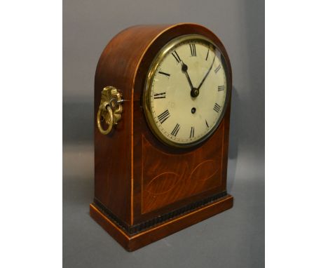 A Regency Mahogany and Line Inlaid Dome Shaped Mantle Clock, the enamel dial with Roman numerals and with brass ring side han