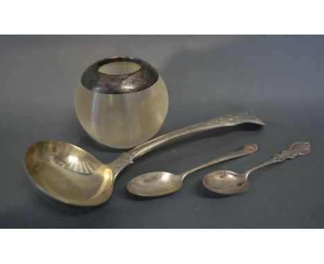 A Georgian Silver Ladle with Kings Pattern Handle, together with two silver teaspoons and a silver mounted cut glass match st