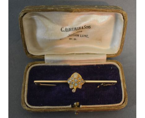 An Opal and Diamond Set Bar Brooch in the form of a Leaf