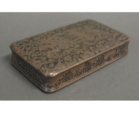 A Continental White Metal Niello Rectangular Snuff Box with silver gilt interior, 9 x 5 cms