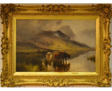 Harald R Hall, 1886 - 1902, EnglandBROUTHY HIGHLANDERS, LOCH LOMANDSigned, oil on canvas, 60 x 90 cms