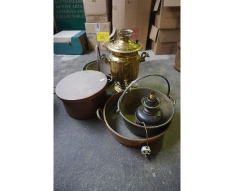 Three Vintage Brass Jam Pans, also with a large two handled copper pot, and another, brass samovar, copper oil lamp, converte