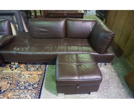 A Modern Brown Leather Two Piece Lounge Suite, With pouffe stool, raised on chrome style feet, 388cm wide 