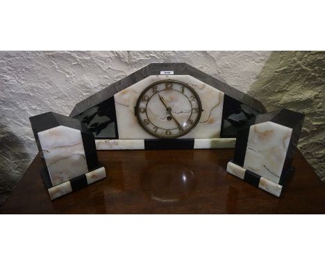 Art Deco French Three Piece Marble Clock Garniture, Comprising of mantel clock with a pair of side ornaments, clock 22cm high