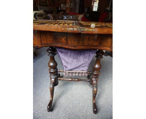 An Early Victorian Tunbridge Ware Rosewood Games Table, Enclosing a rosewood and satinwood inalid backgammon, cribbage, draug