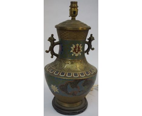 An Oriental Cloisonne Vase, In the style of Chinese revival, circa 19th century, converted to a table lamp, with twin handles