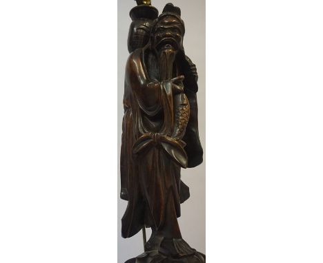 An Oriental Rootwood Figure of a Fisherman, circa late 19th century, converted to a table lamp, 47cm high