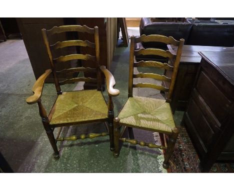 A Set of Six Matching Oak and Ash Ladder Back Chairs, circa 19th century, Comprising of two carvers and three side chairs, Ha