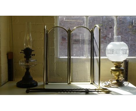 A Vintage Oil Lamp by Duplex, Having a glass funnel and reservoir, 58cm high, also with a brass oil lamp, a fire guard and tw