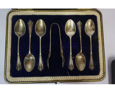 A Set of Six Edwardian Silver Coffee Spoons &amp; Tongs, Hallmarks for Sheffield 1909, boxed, also with a christening set, co