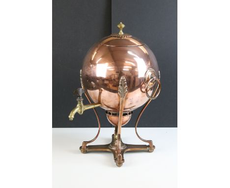 19th Century copper and brass globe samovar coffee tea urn with twin ring handles and leaf design footed stand with tap to fr