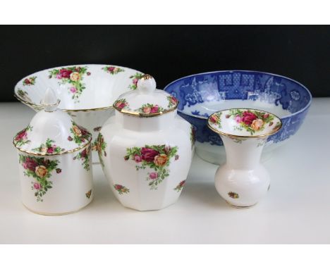 Group of Royal Albert 'Old Country Roses' to include centre piece bowl, diameter 24cm, bulb vase, lidded decagon urn jar, H 2