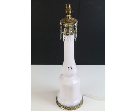 Victorian opaline white glass column lamp shade base with brass base surround and top decoration and cut glass droplets, H 64