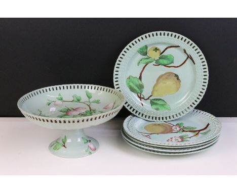 Mintons dessert set comprising of pedestal ribbon cake stand and five plates all printed and painted with fruit 