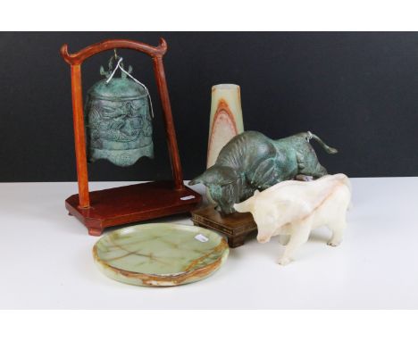 Carved Onyx model of a bull, vase H 20cm and lipped edge dish, diameter 20cm together with cast metal bull on wooden plinth a