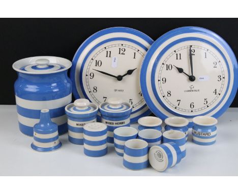 Collection of mainly T.G Green blue and white stripe Cornish Ware to include large lidded jar, two mixed herbs pots. pie bird