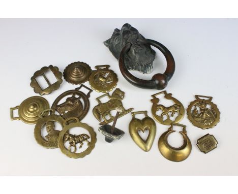 WT&amp;S cast iron lion's head mask door knocker together with a selection of horse brasses 