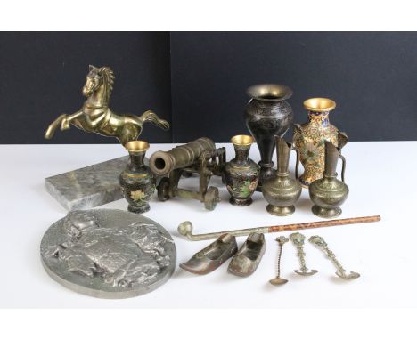 Mixed brass and metalware to include rearing horse on marble plinth, smoking pipe, relief decorative aluminium plate plaque, 