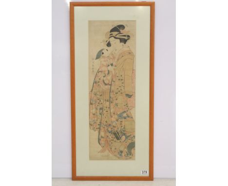 Shunsen (1762 - 1830), Japanese portrait of a woman with infant, woodblock, signed, 73 x 24cm, framed and glazed