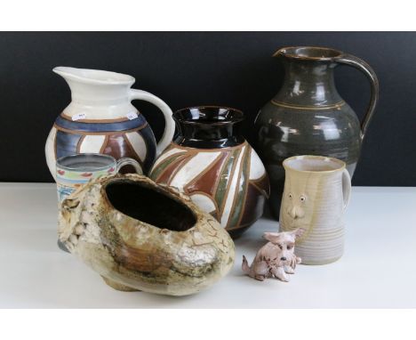 Collection of studio stoneware pottery pieces to include two Wootton Courtenay Mill Pottery vases by Michael Gaitskell, Muggi