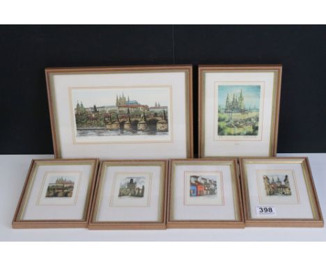 Continental school, collection of five views of Prague - including Charles Bridge, each hand-coloured etching, inscribed in p