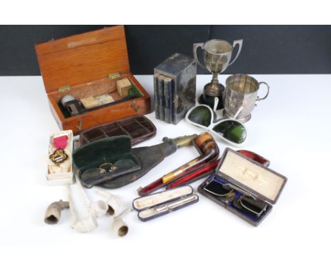 20th century assortment of spectacles and sunglasses together with silver plated box containing diary, cash and address books