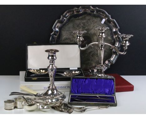 Collection of silver plate to include large serving tray, diameter 36cm, boxed serving spoons with fruit design, LR&amp;Co sp