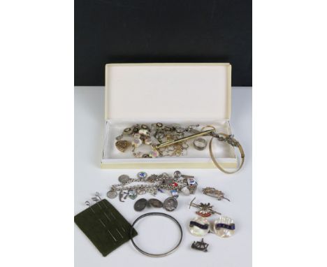 Collection of silver and costume jewellery to include a silver charm bracelet (marked 925), silver bangle, Murano glass beade