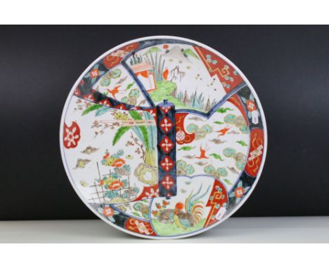 Early 20th century Chinese wall charger plate with hand painted landscape and bird panels, unsigned, diameter  38cm