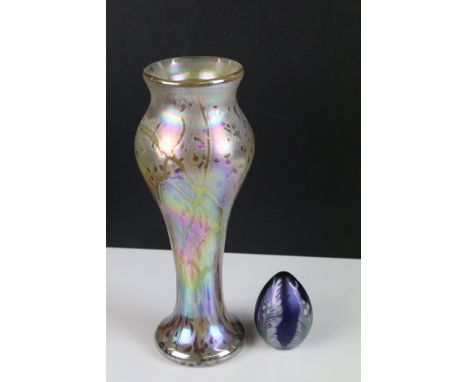 Iridescent glass vase in baluster form, H 31cm together with an Okra 1985 studio glass egg shaped paperweight No.228, signed 