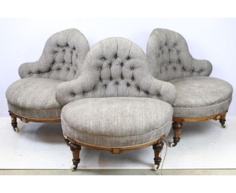 Trio of Victorian chairs to form conversation seat arrangement with button back and ceramic castors, H 79cm