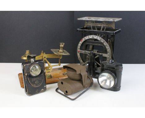 Brass set of scales and weights on wooden base together with other weighing scales together with Pertrix flash light, Exide b
