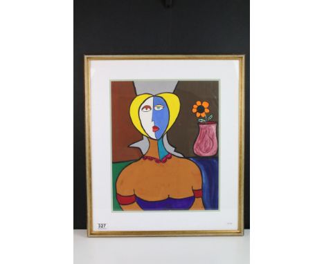 Homage to Pablo Picasso, portrait of a lady and flower in a vase, watercolour / pastel, 45 x 37cm, framed and glazed